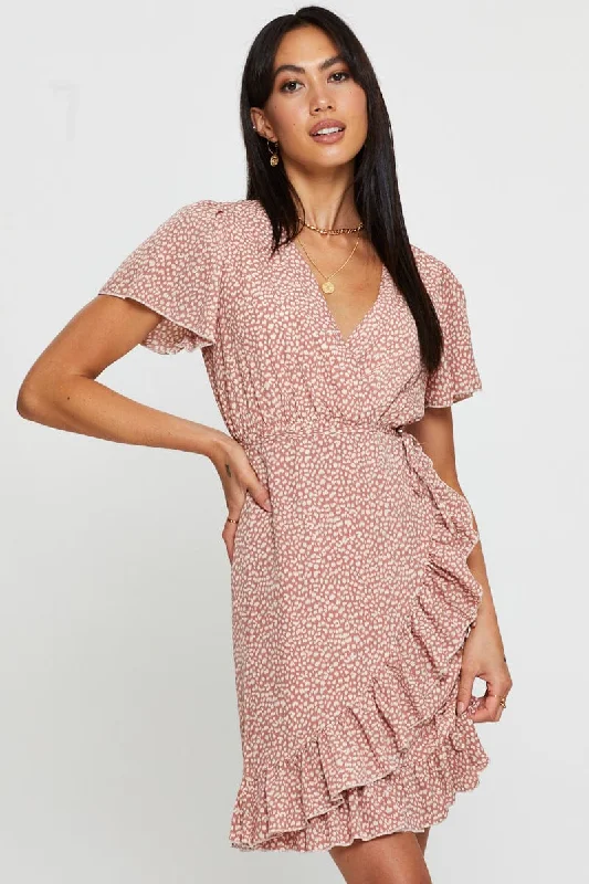 Geo Print Wrap Dress Short Sleeve V Neck