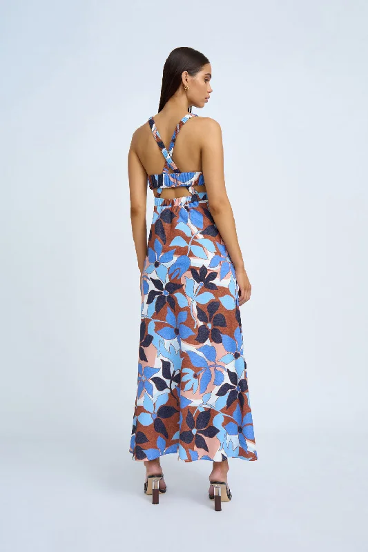 Ophelia Floral Bias Midi Dress | Final Sale - Navy Tan Brown Ivory