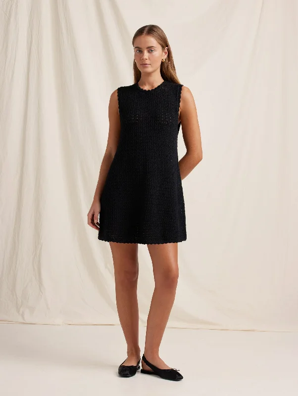 Pointelle Shift Mini Dress - Noir