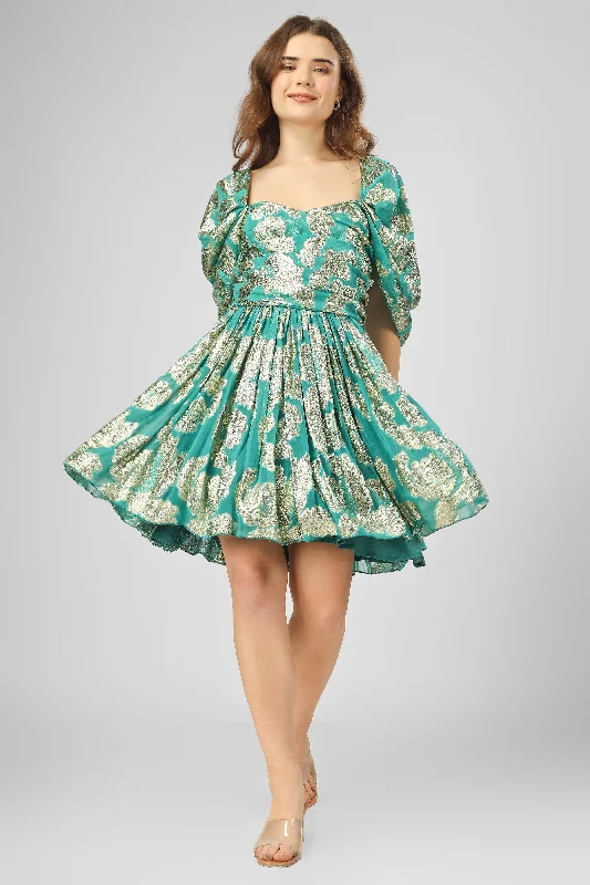 Sydney Metallic Printed Mini Dress in Aqua Green