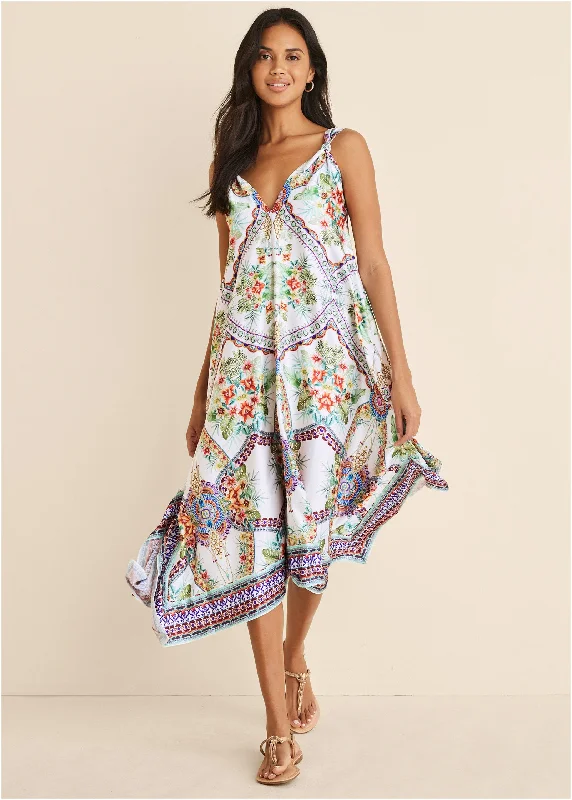 Handkerchief Hem Midi Dress - Tropical Status Border