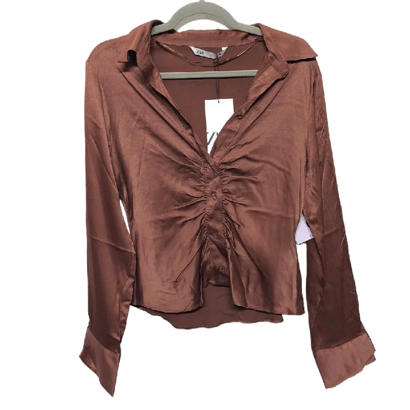 Blouse Long Sleeve By Zara In Brown, Size: L