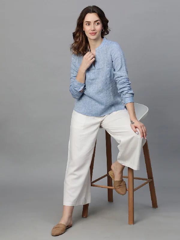 Women's Navy Linen Regular Fit Blouse