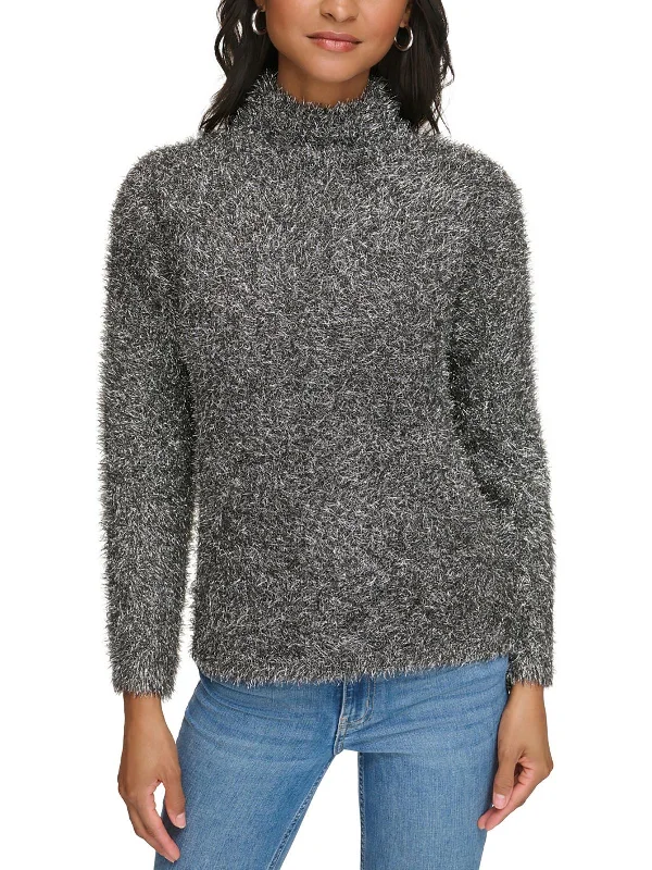 Womens Metallic Eyelash Mock Turtleneck Sweater