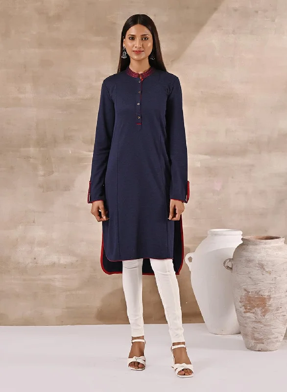 Blue Long Knitted Denim Kurti with Embroidery