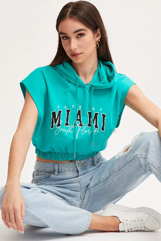 Green Crop Hooded Sweat Short Sleeve