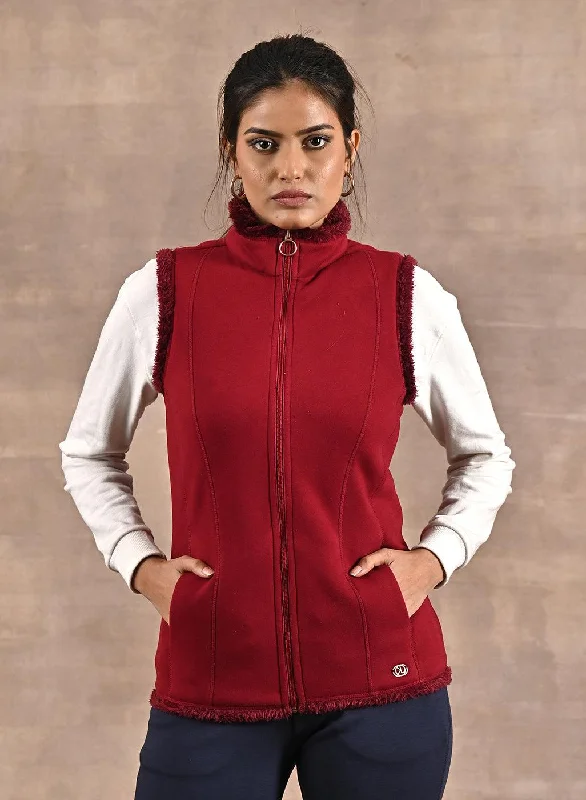 Red Zip-front Sleeveless Fur Jacket