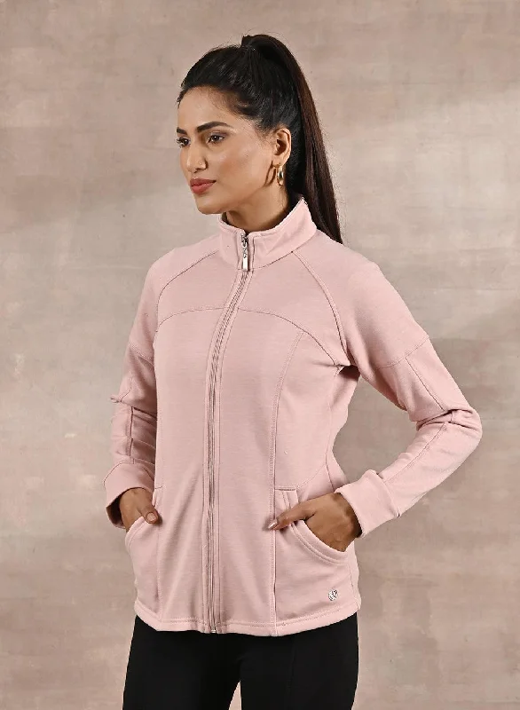 Pink High-Neck Zip-Up Casual Fleece Jacket