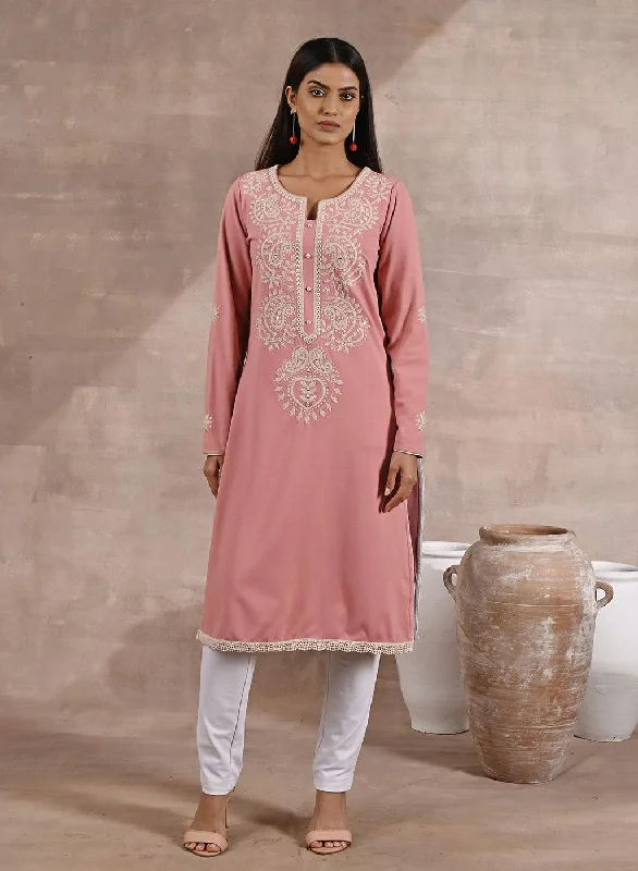 Pink Woolen Kurta with Fine Embroidery