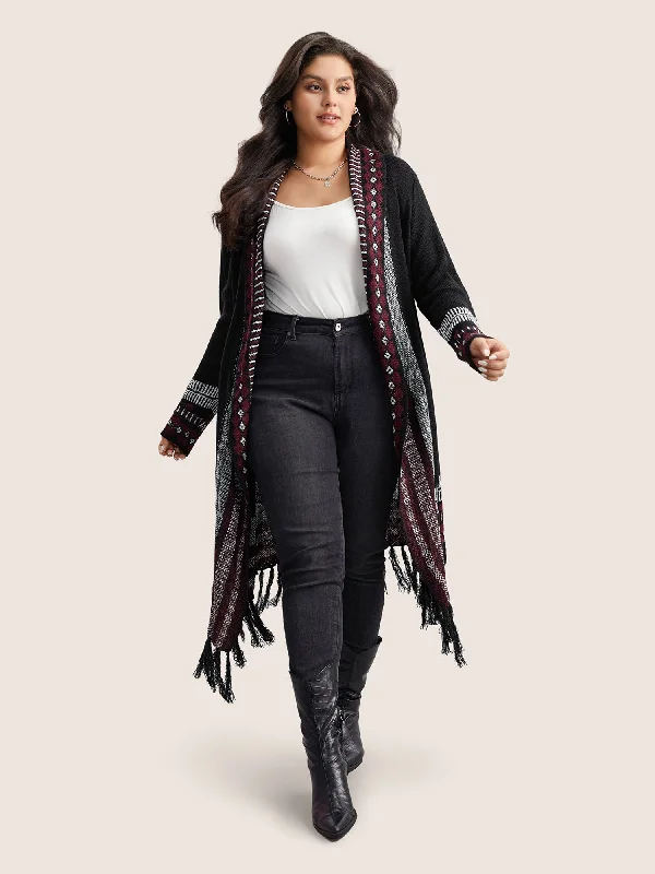 Bandana Print Fringe Trim Maxi Cardigan