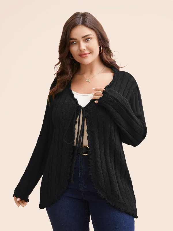 Cable Knit Tie Knot Frill Trim Cardigan