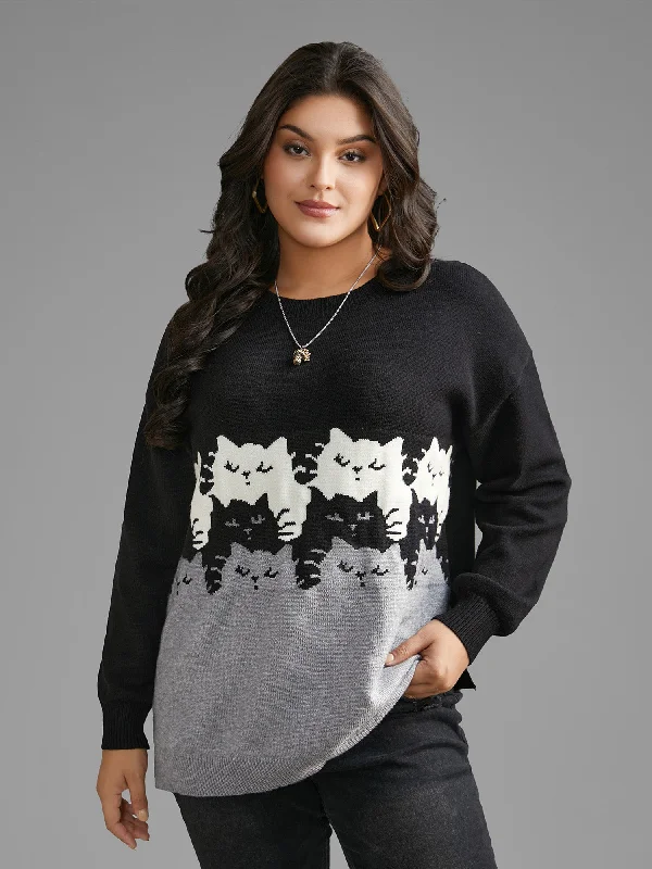 Cat Contrast Drop Shoulder Pullover