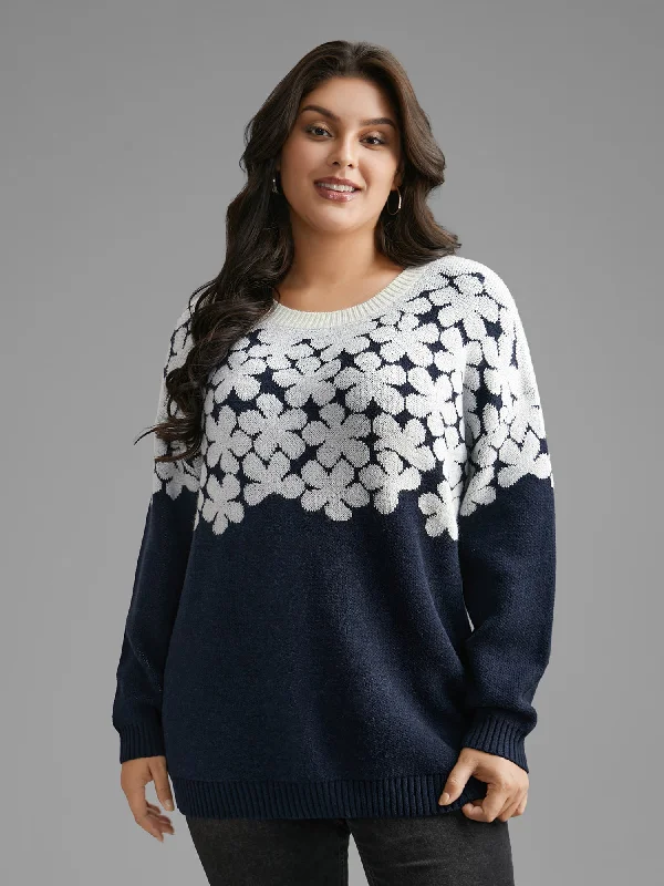 Floral Contrast Patchwork Drop Shoulder Pullover