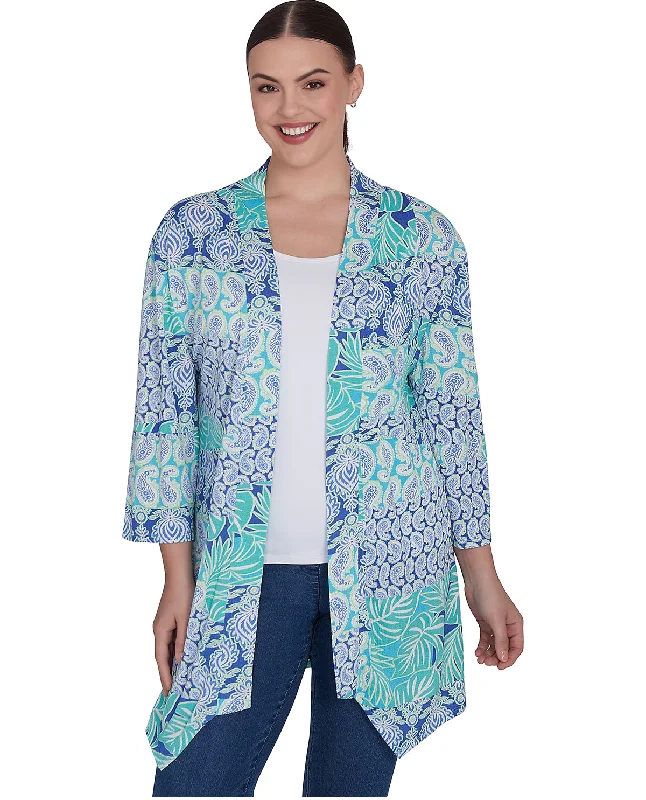 Ruby Road Petite Bali Blue Crinkle Knit Cardigan